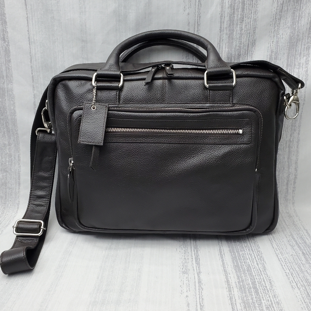 Leather Laptop Briefcase With Handle Adjustible Strap Brown Business Casual